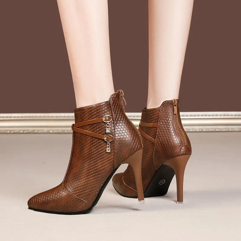 Women's black pointed toe high heel stiletto boots with over 8CM heel in artificial PU