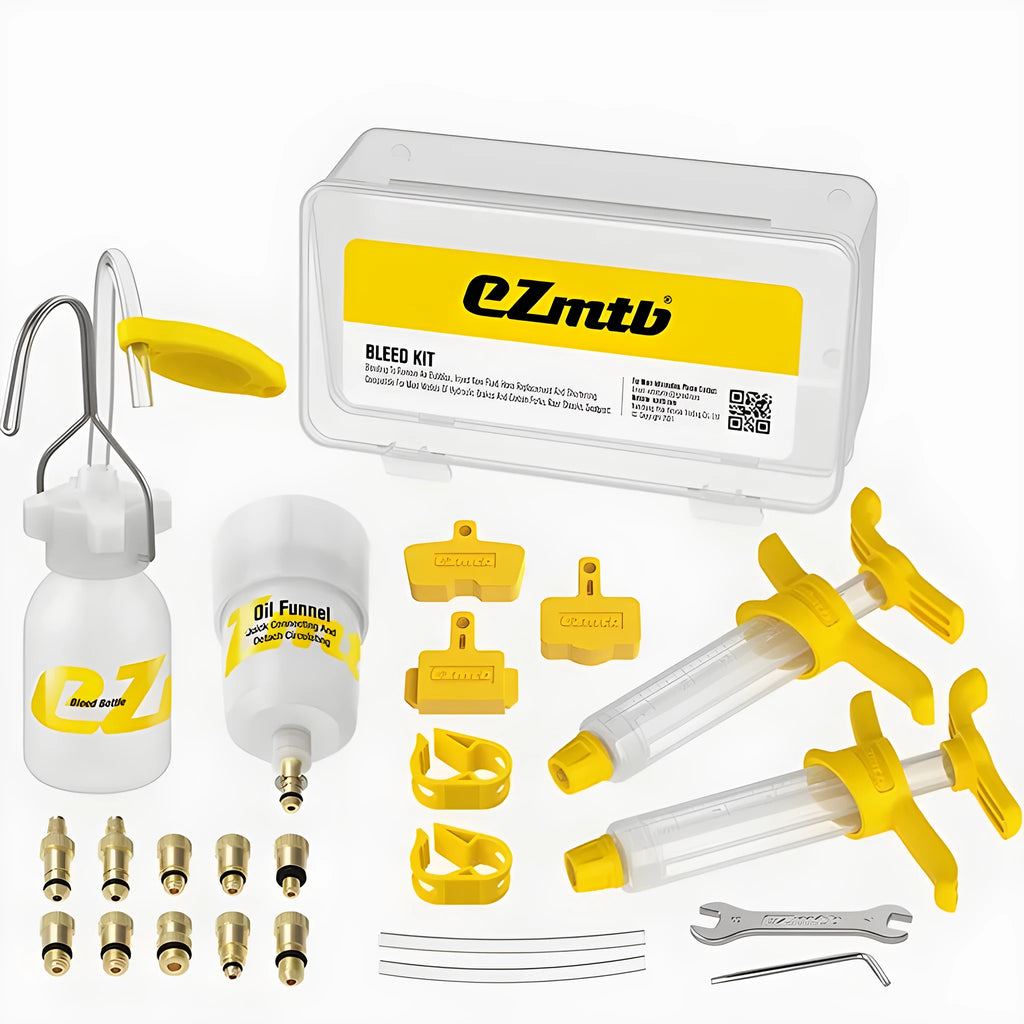 EZmtb bicycle hydraulic disc brake oil bleed kit tools with syringes, adapters and wrenches