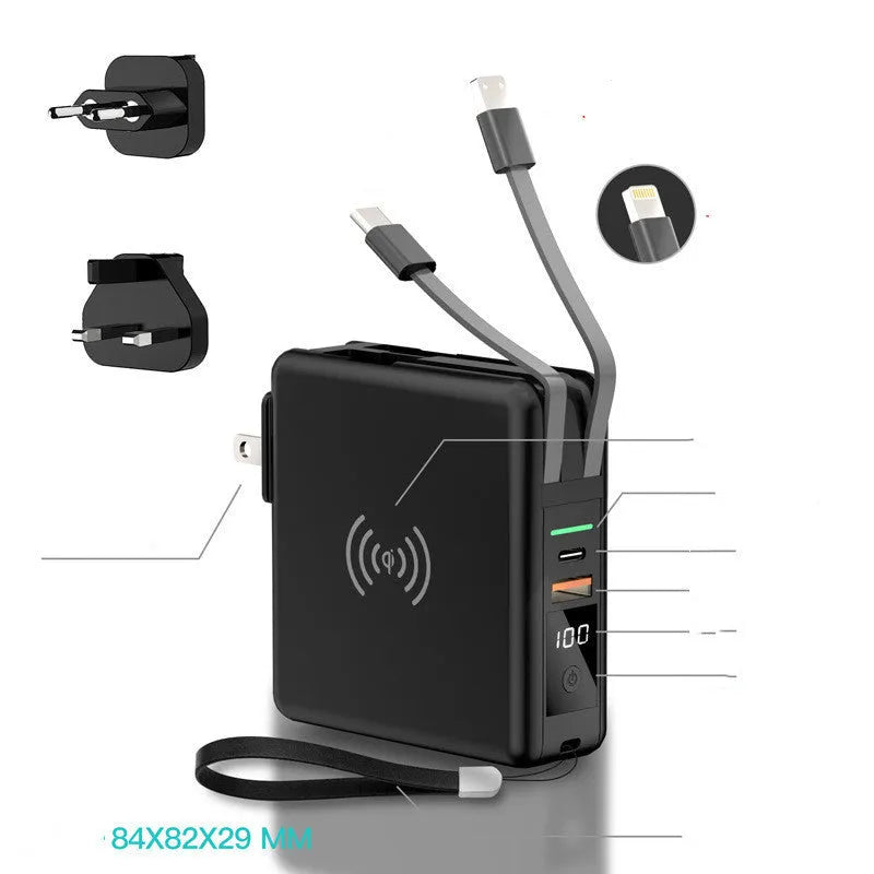 Super QI wireless charging power bank with built-in plug in black and white colour options