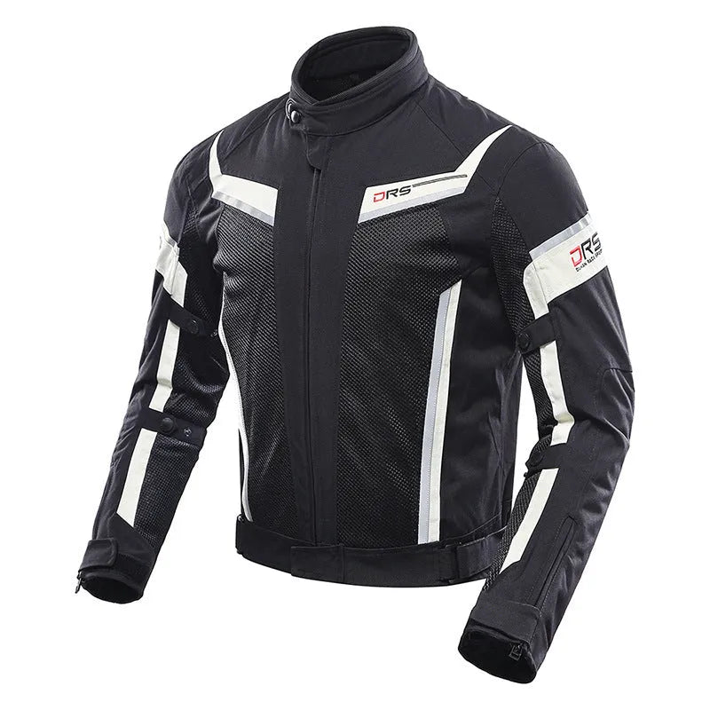 Summer motorcycle jacket in black and white nylon with reflective stripes for breathable riding protection