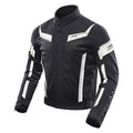 Summer motorcycle jacket in black and white nylon with reflective stripes for breathable riding protection