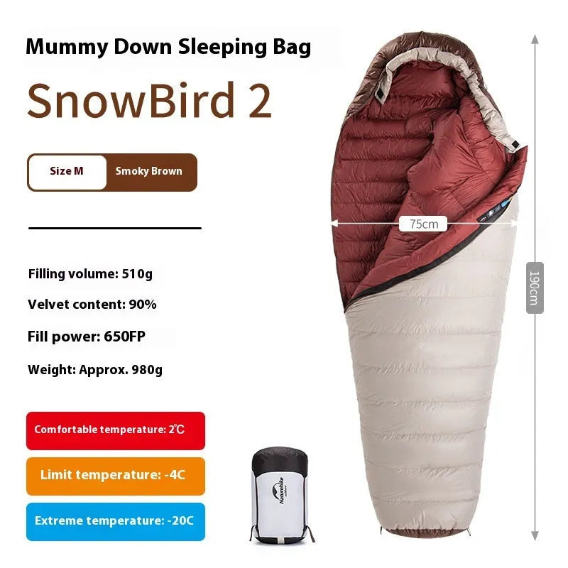 Mummy-style goose down sleeping bag for adults in a storage bag, showing size label options.