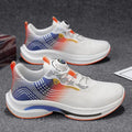 Men's white and blue mesh sneakers with a rotating buckle and rubber sole.
