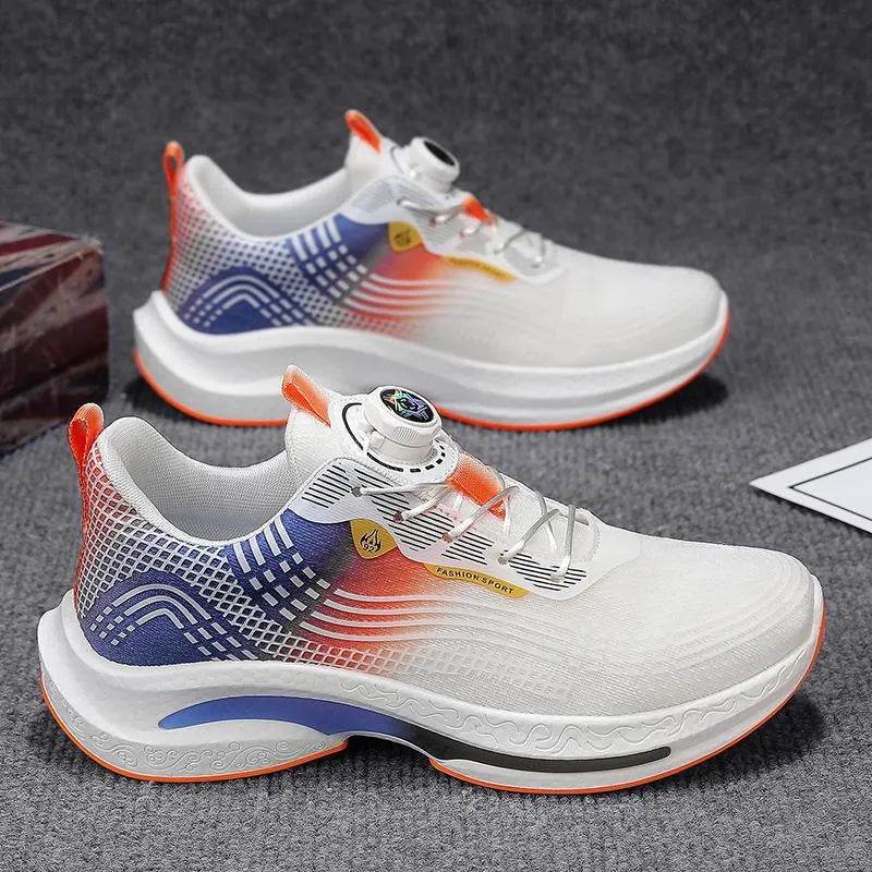 Men's white and blue mesh sneakers with a rotating buckle and rubber sole.