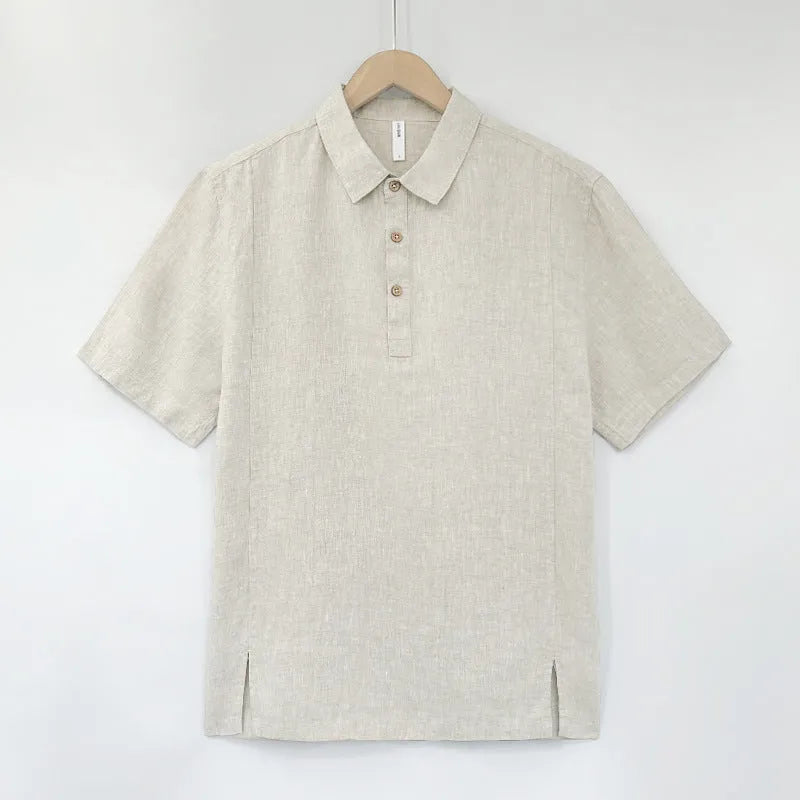Men's loose-fit linen summer top with short sleeves and thin lapels in a grey green colour.