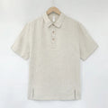 Men's loose-fit linen summer top with short sleeves and thin lapels in a grey green colour.