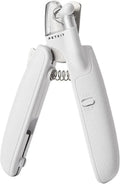 White pet nail clippers with LED light, transparent anti-splash guard, and leather-like handle on a table