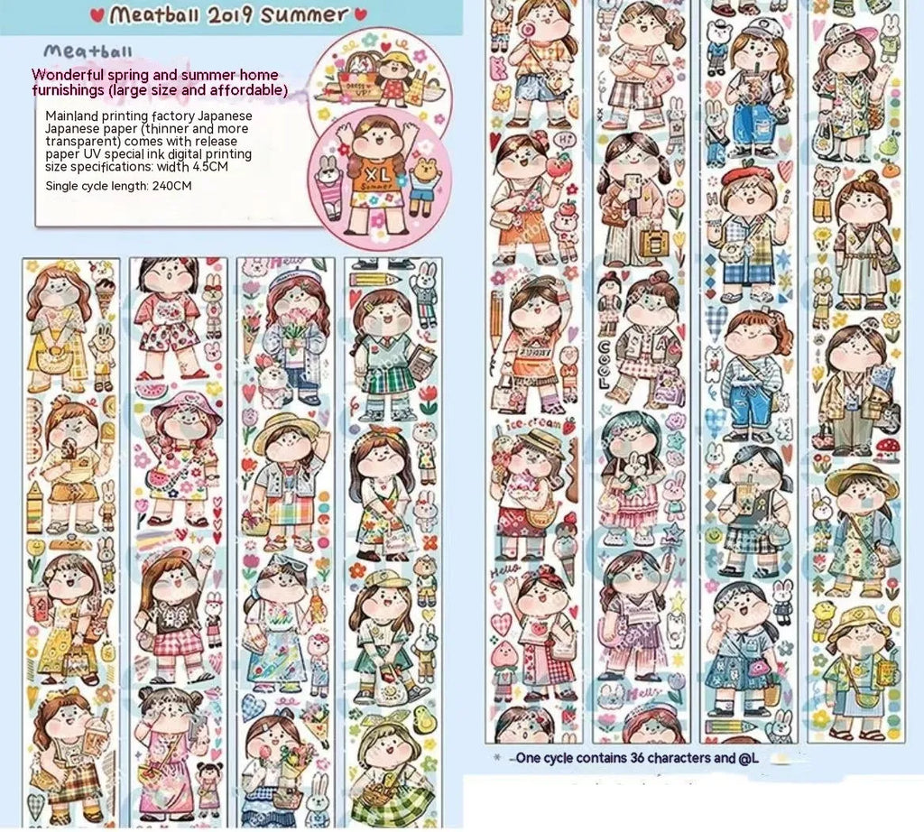 Sheet of cute cartoon character stickers on Japanese paper for haemorrhoid tape packaging.