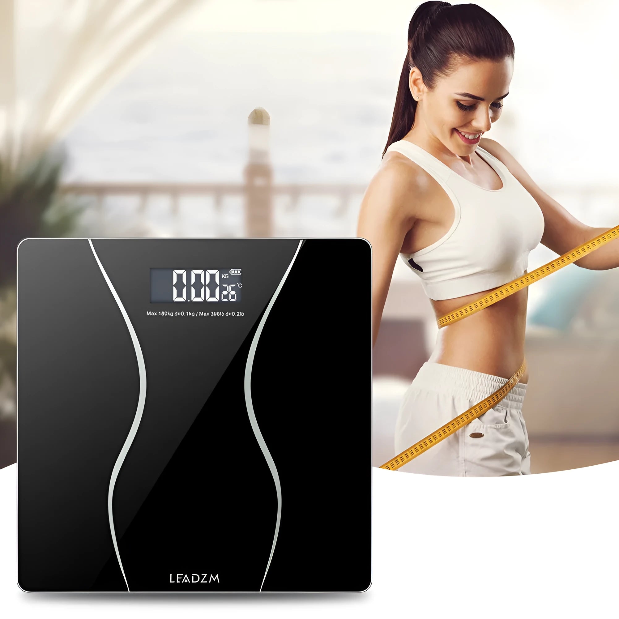 Black electronic bathroom scales with digital display showing weight measurement up to 180 kg capacity