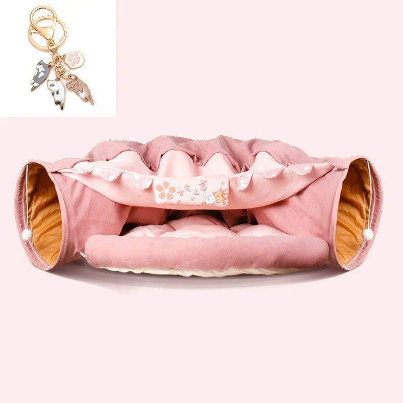 Collapsible cloth cat tunnel toy shown in one of four colours: Bar, Coffee, Matcha, or Pink.