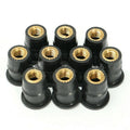 Black rubber and brass expansion well nut fasteners for motorcycle windshield mounting in M4, M5, M6 sizes.
