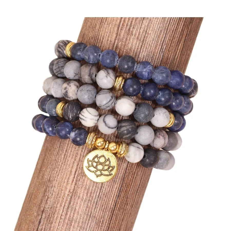 Multi-layer blue patterned network stone bead bracelet with adjustable cord closure