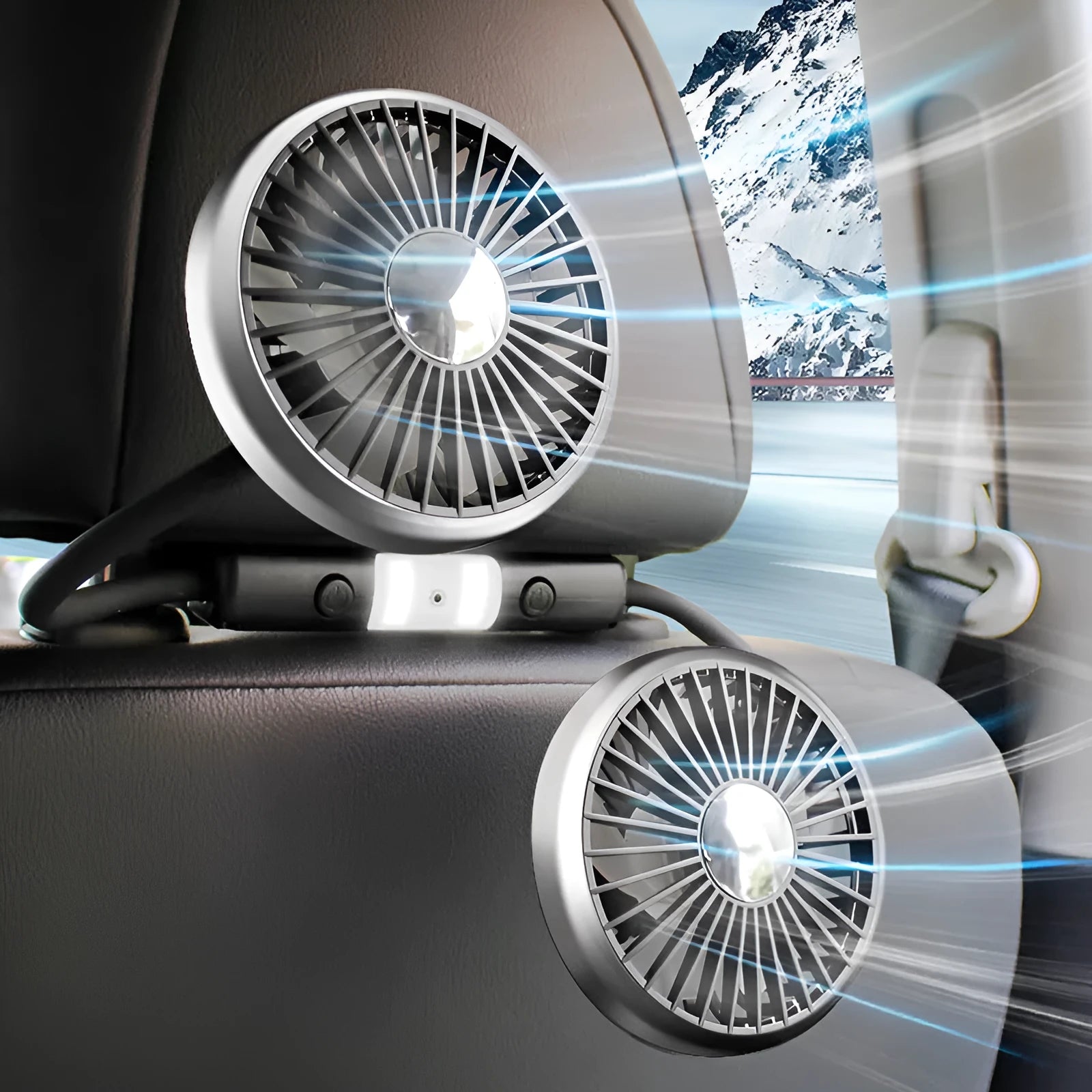 Black car double-headed hose seat fan with 3-speed control and flexible hose