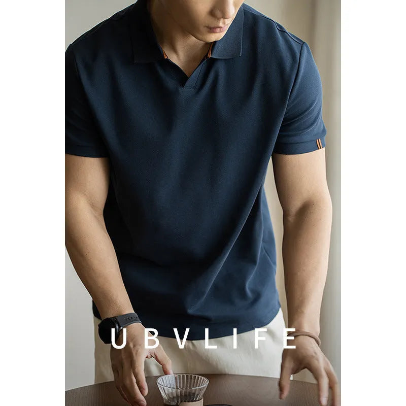 American-style short-sleeved polo shirt in blue black and white cotton blend fabric