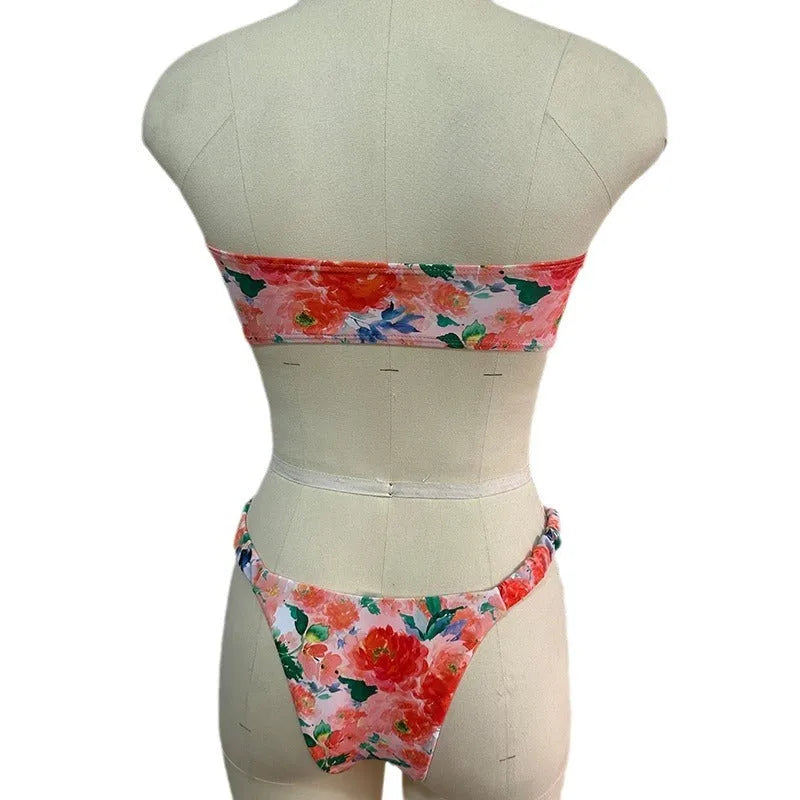 European style floral printed swimwear bikini set with tube top and briefs in blue colour option