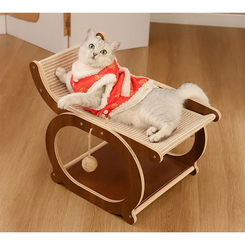 Solid wood sisal scratching mat with integrated recliner cat bed in walnut colour