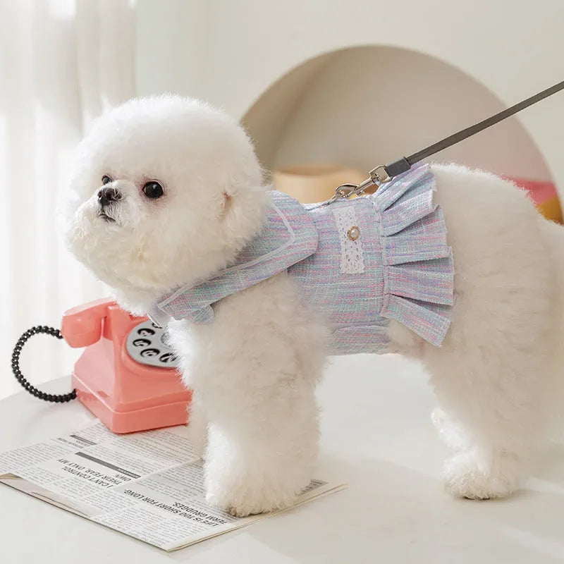 Purple and pink hooded polyester pet clothing for small dogs and cats in sizes S, M, L, XL.