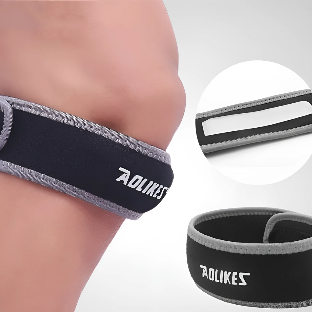 Black and grey patella retinaculum knee support for adult sports.