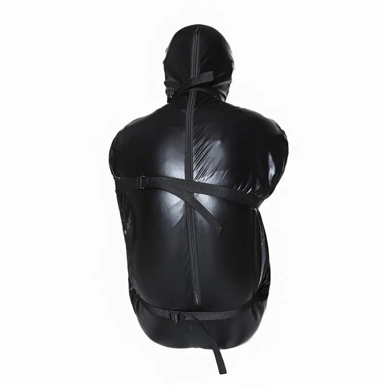 Black patent leather full-coverage body wrap with six ratchet tie down straps laid out.