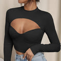 Women's slim-fit ribbed polyester top with high neck and hollow-out bust cup detail
