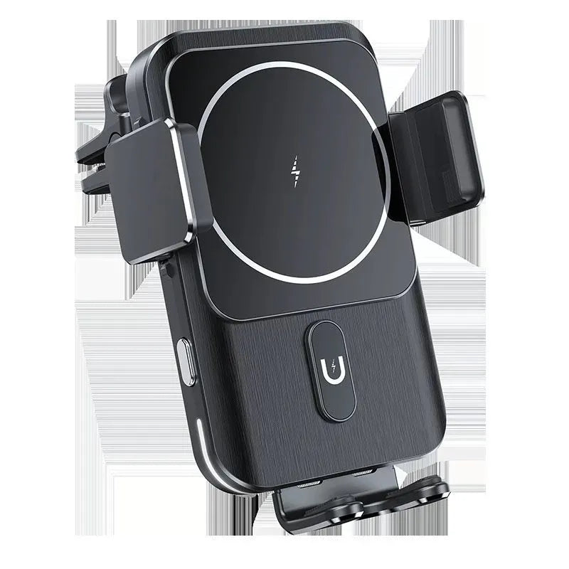 Black car wireless phone charger with 15W fast charging and clip or suction cup mount options