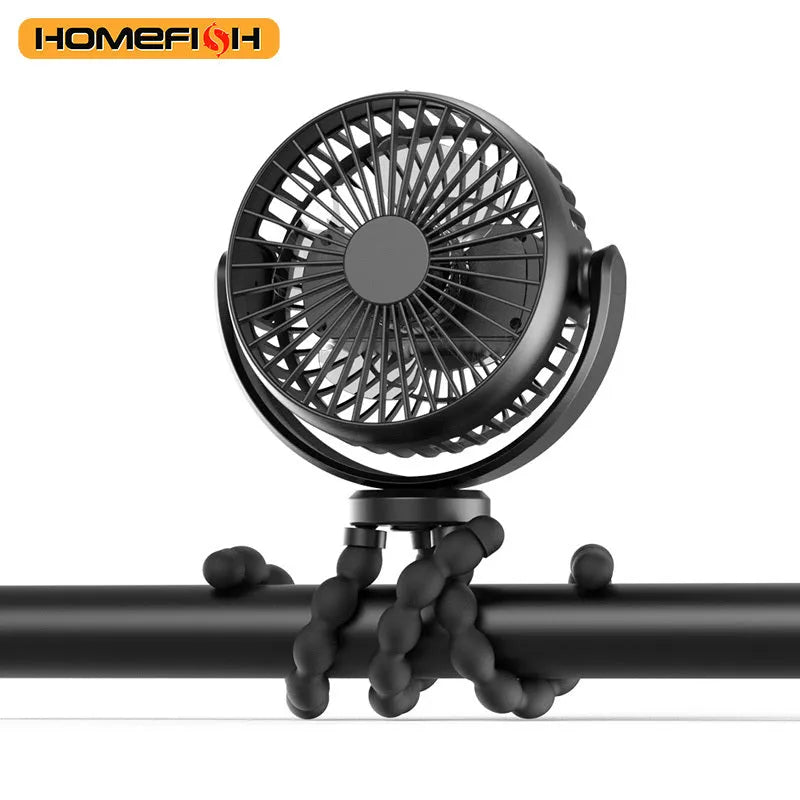 HOMEFISH F2 automatic shake head baby stroller fan with LED light on a detachable bracket