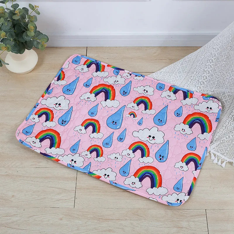 Reusable washable pet urine pad showing colour patterns and size options for dog and cat training