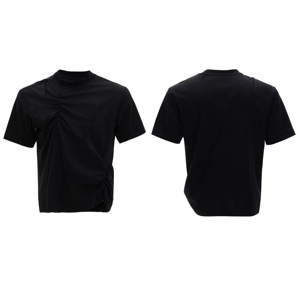 Men's grey cotton T-shirt with loose fit, round neck, and three-dimensional pleated detail on the front.