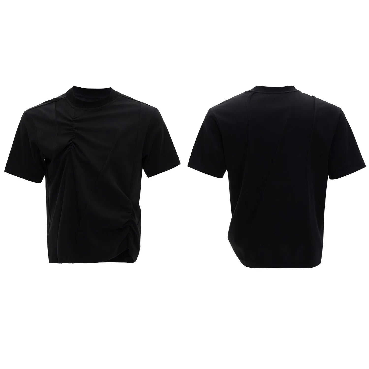 Men's grey cotton T-shirt with loose fit, round neck, and three-dimensional pleated detail on the front.