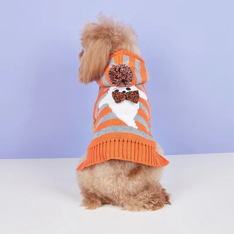 Orange striped hooded pet sweater with fur ball decoration for Halloween costumes