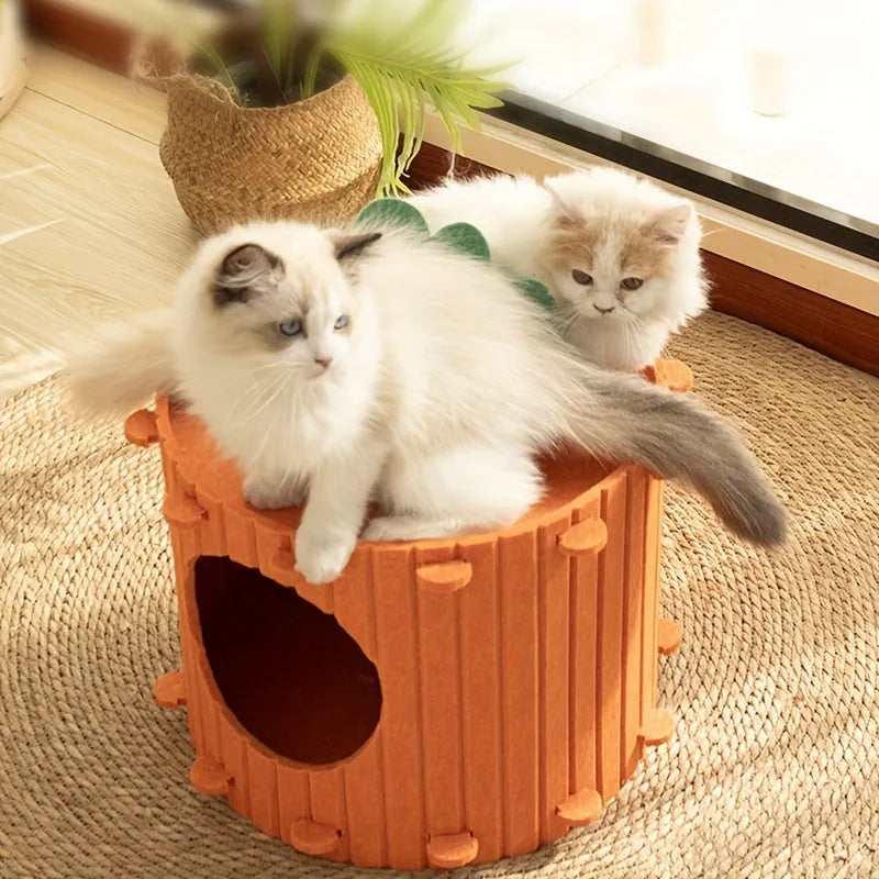 Carrot-shaped felt cat nest with tunnel entry in medium and large sizes