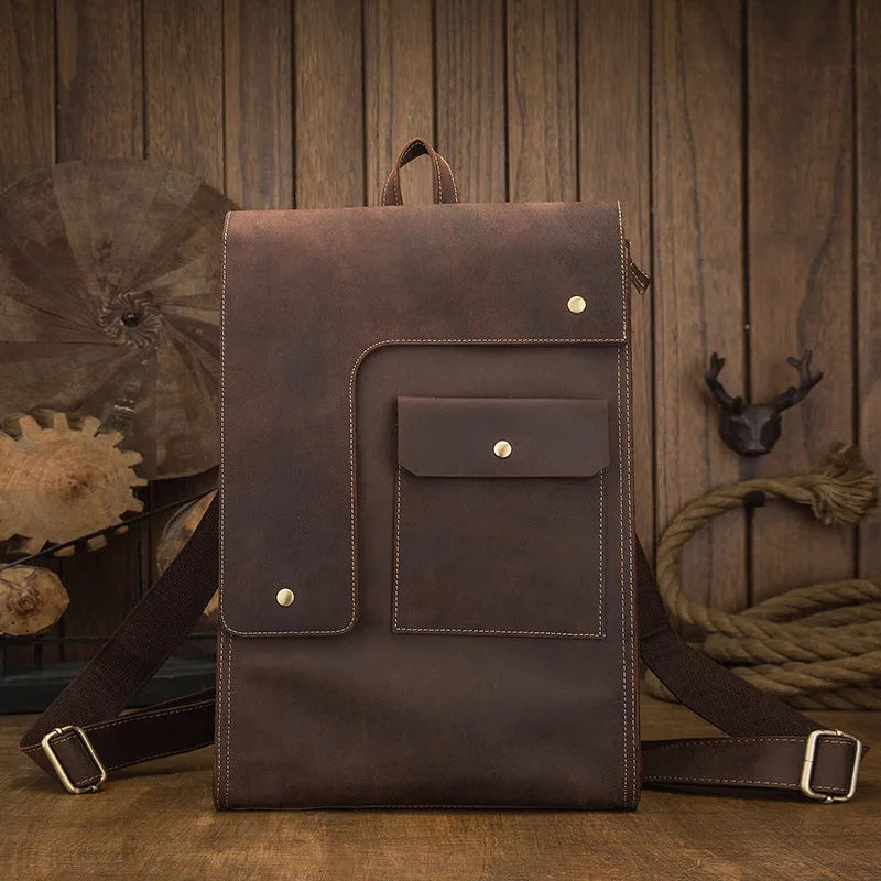 Dark brown genuine leather men's travel bag with vertical square design and shoulder straps