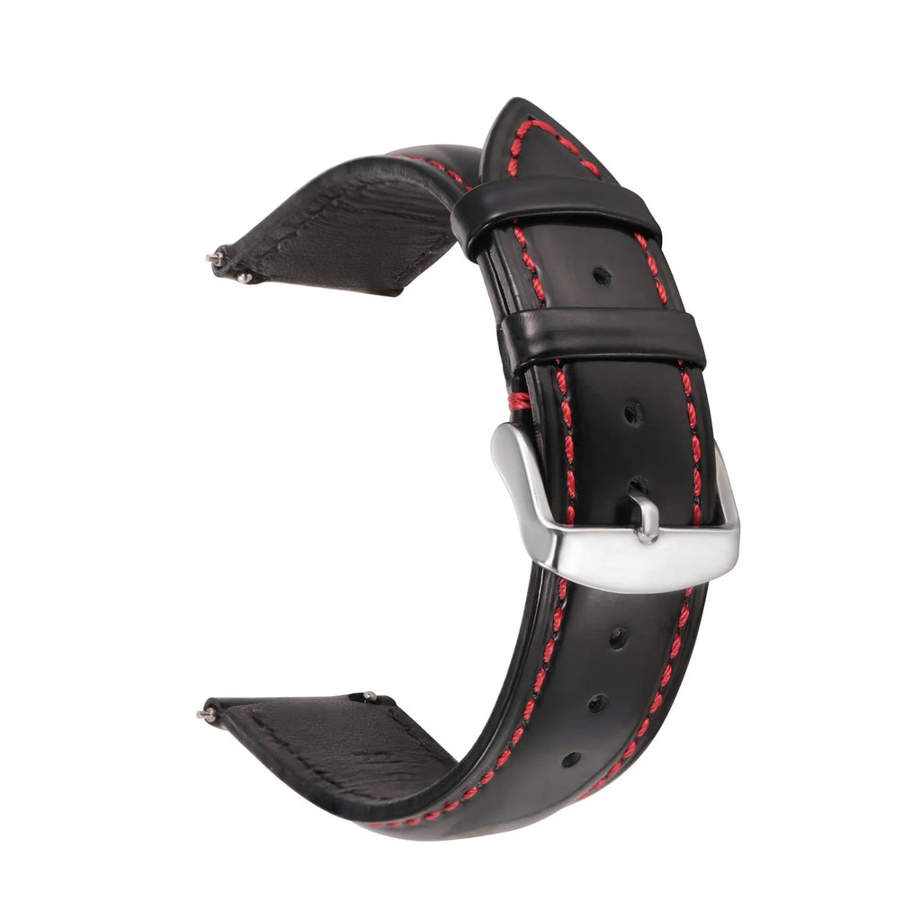Quick release leather watch strap in dark brown with buckle and quick-release spring bars visible