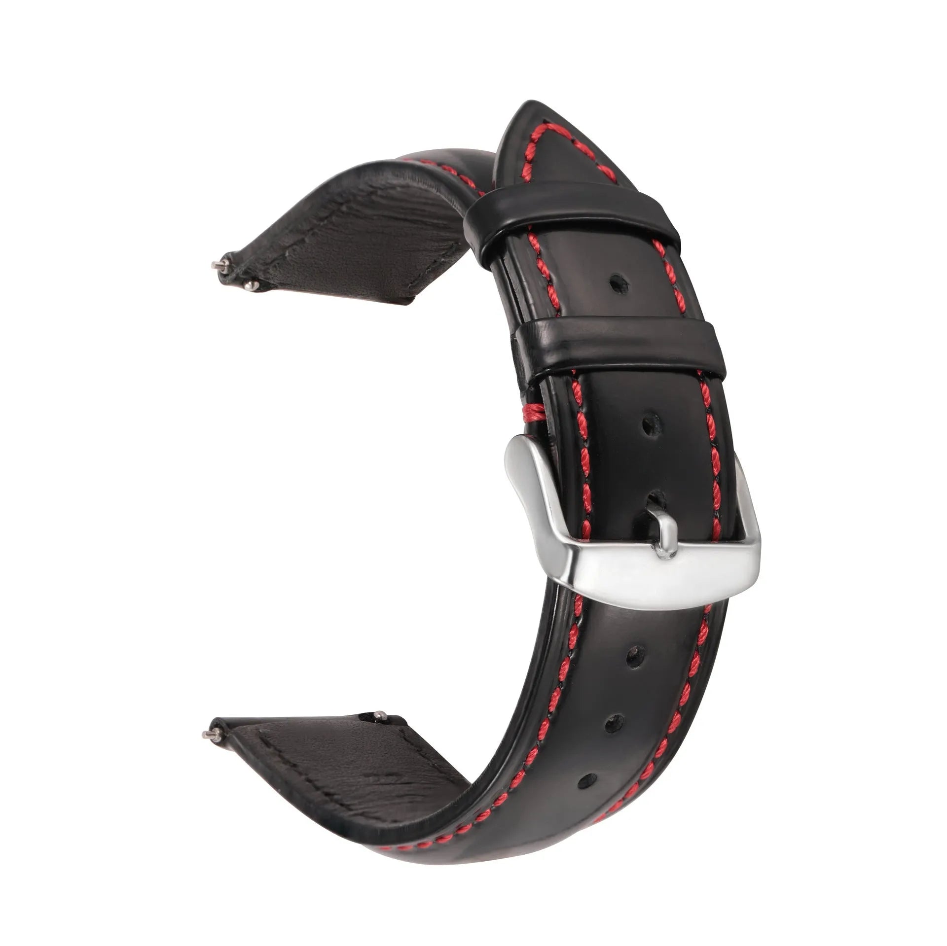 Quick release leather watch strap in dark brown with buckle and quick-release spring bars visible