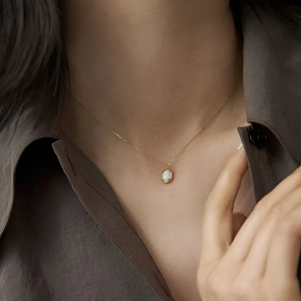 S925 silver pendant necklace with 14K gold plating and oval jelly opal gemstone