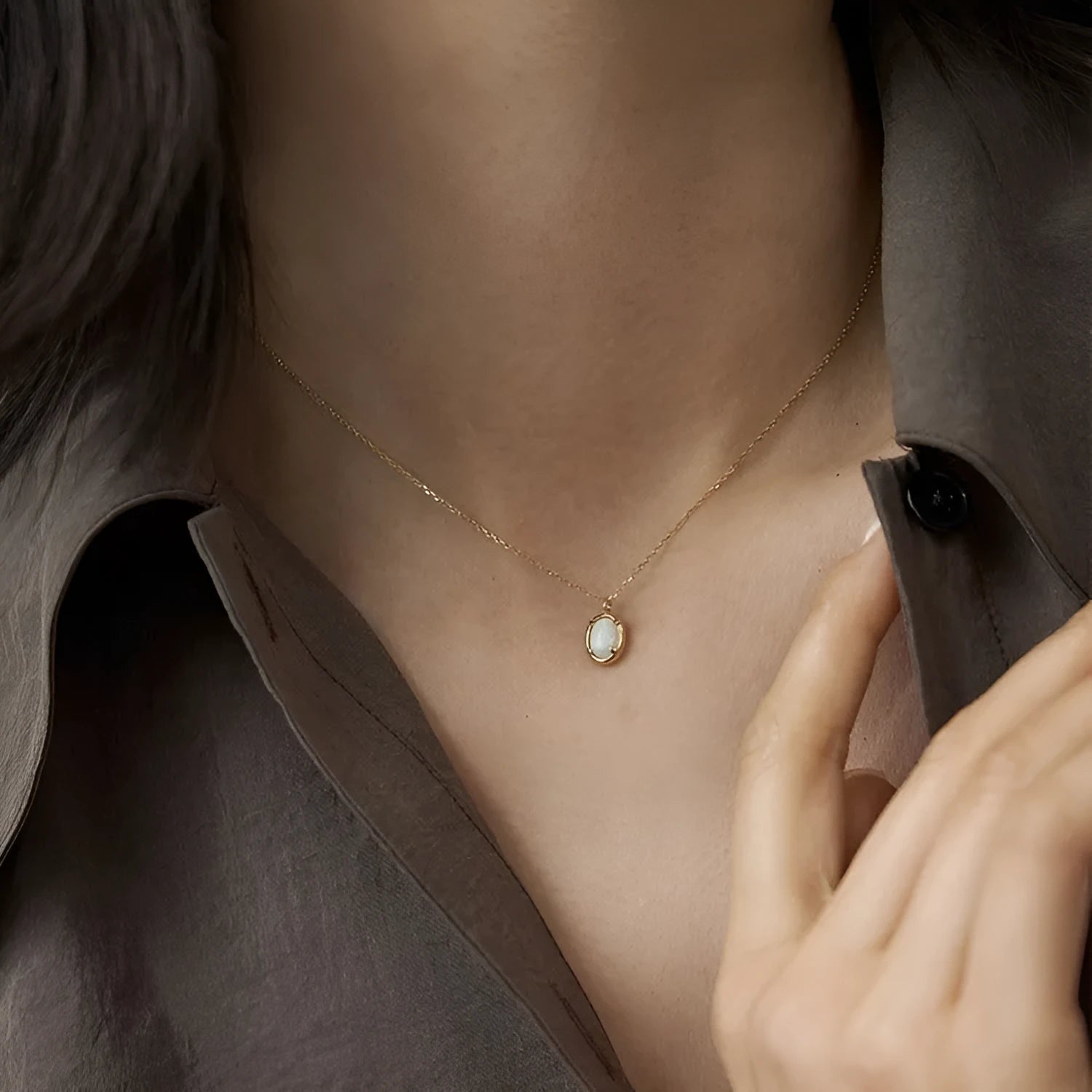 S925 silver pendant necklace with 14K gold plating and oval jelly opal gemstone