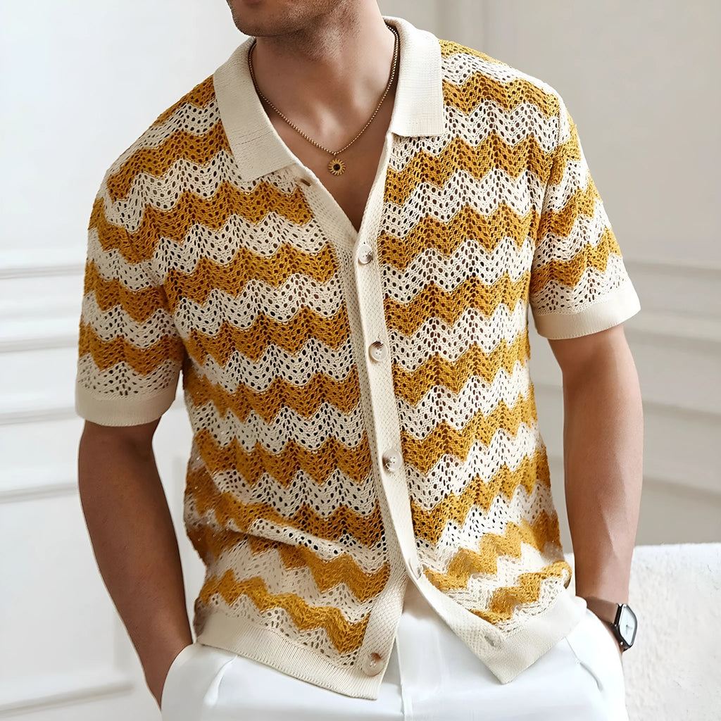 Short sleeve blue American-style sweater with hollow jacquard corrugated texture and flocking detail