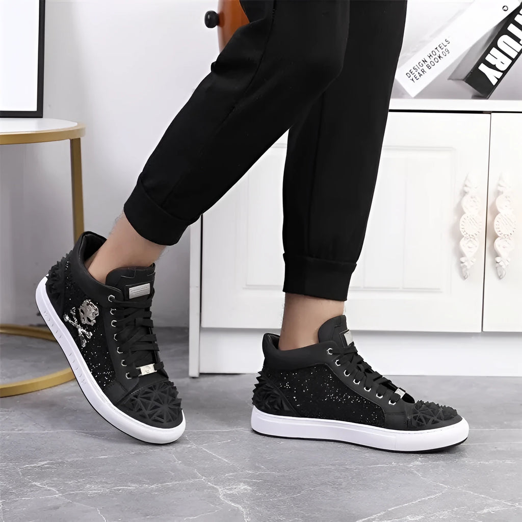 Men's black leather skeleton high-top shoes with lace-up front and rubber sole.