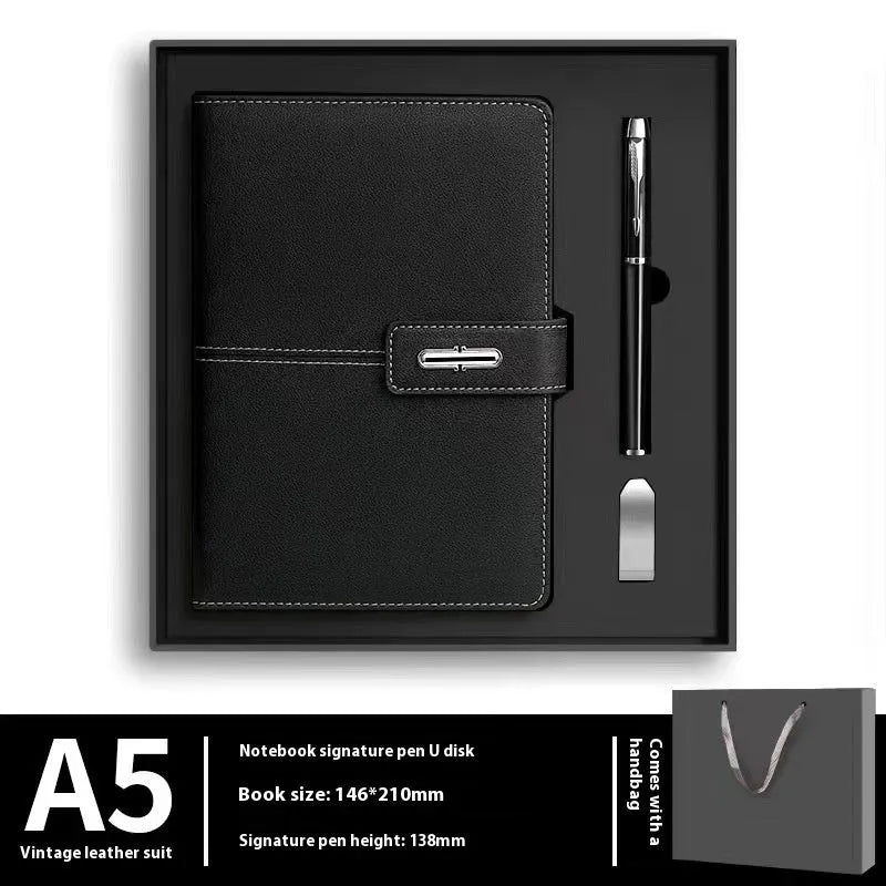 A5 notebook with PU leather cover in one of six colour options, showing wood-free paper inside.