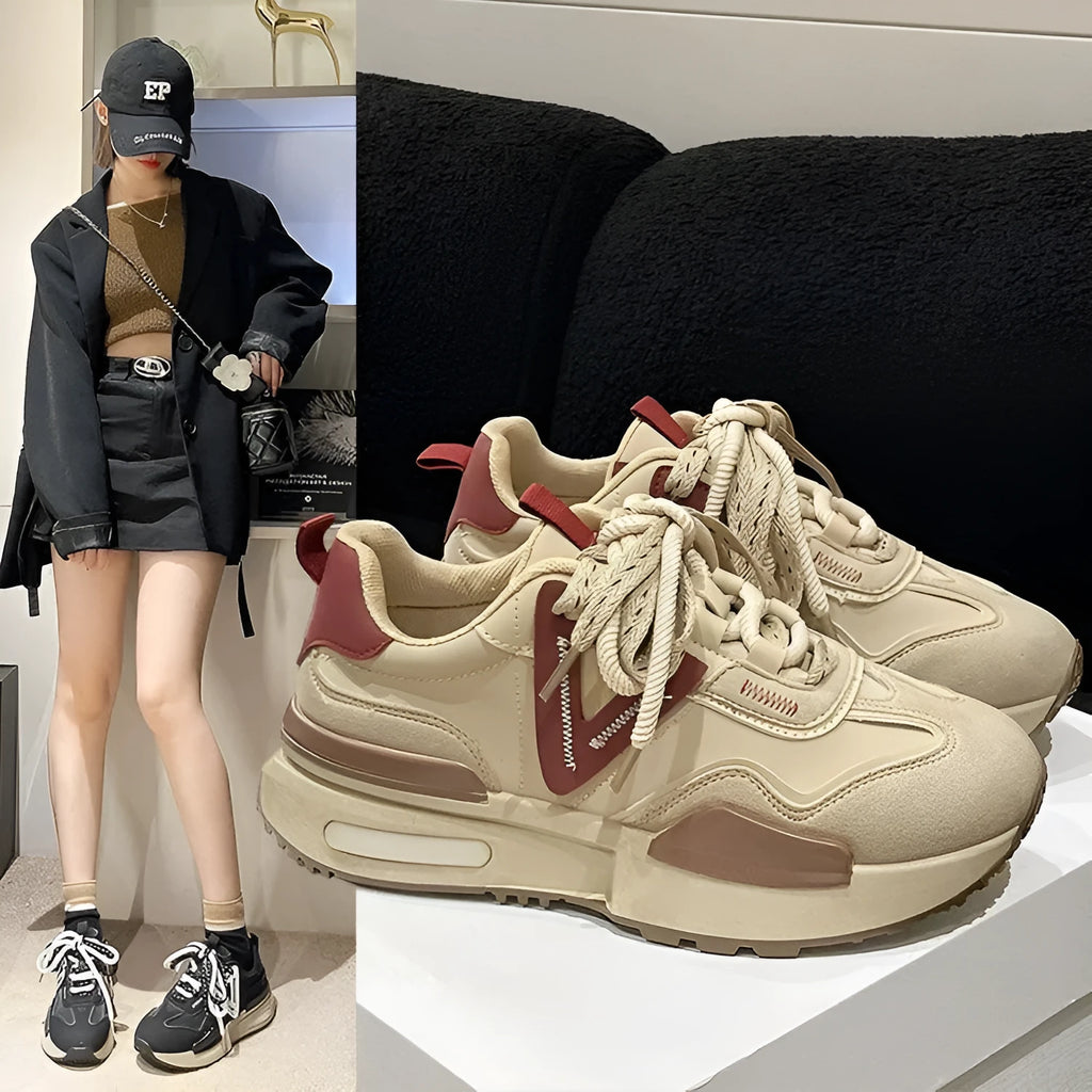 Black and khaki red women's retro platform sports shoes with lace-up front and round toe.