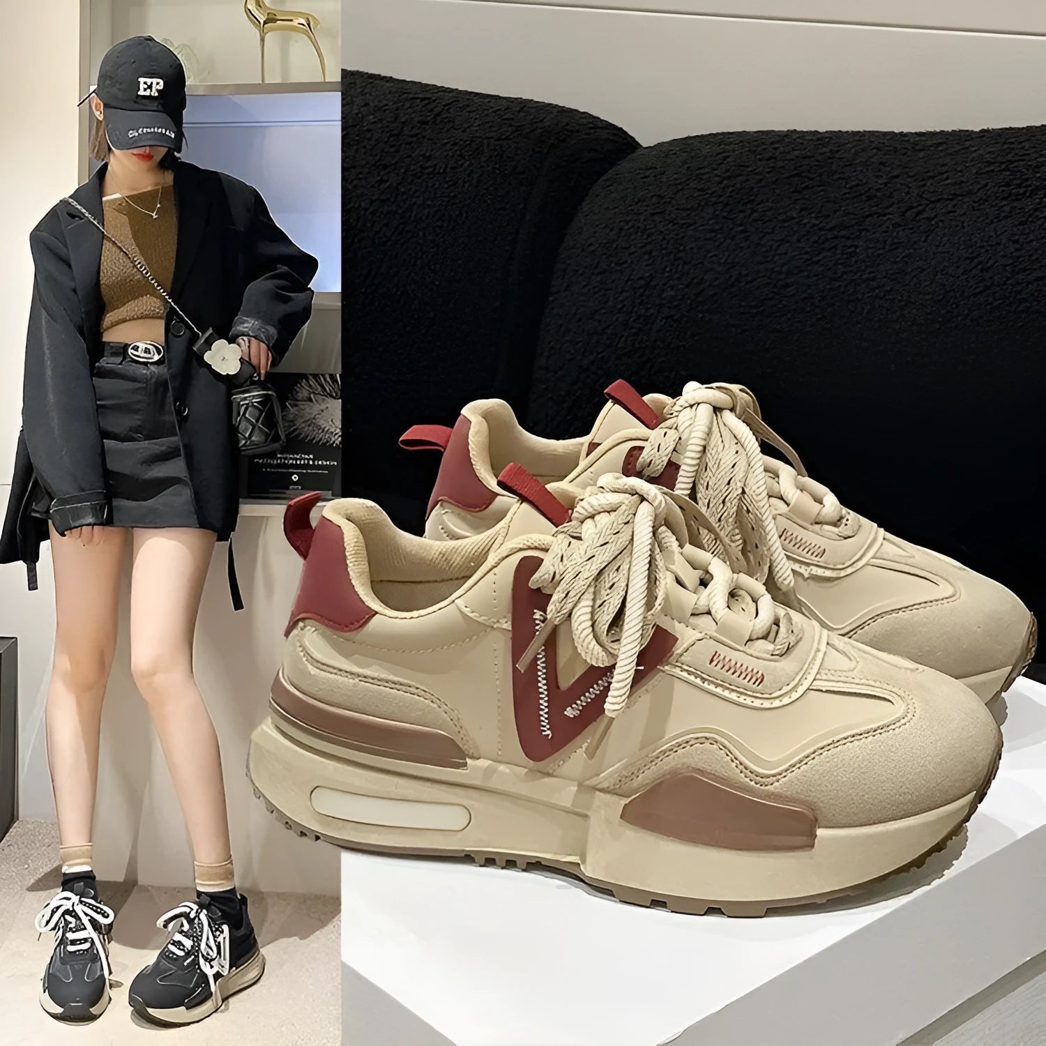 Black and khaki red women's retro platform sports shoes with lace-up front and round toe.