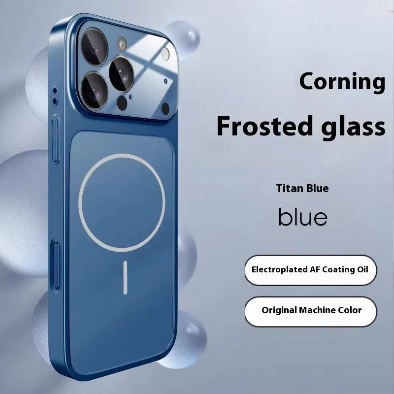 Frosted tempered glass magnetic iPhone case in titanium grey colour showing textured surface.