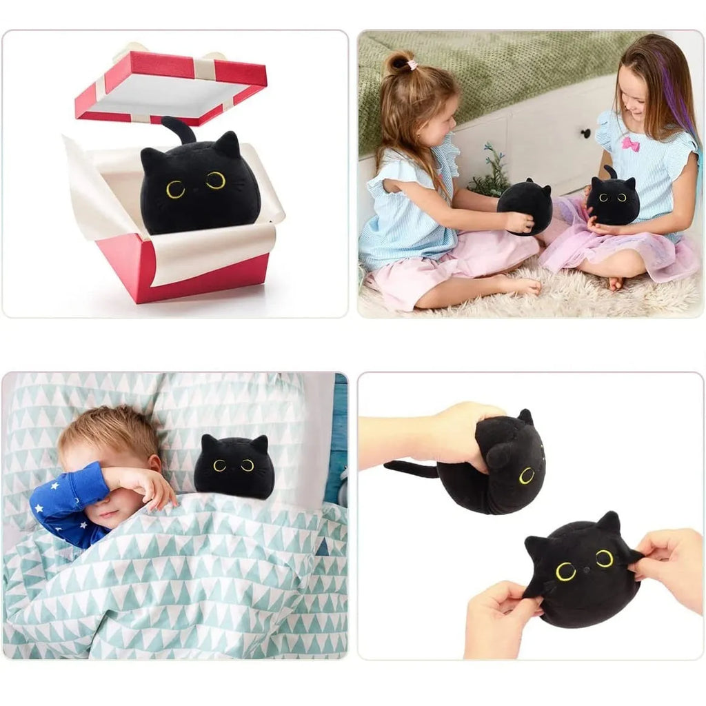 Black cat fluffy plush toy soft pillow cushion measuring 28cm with embroidered face