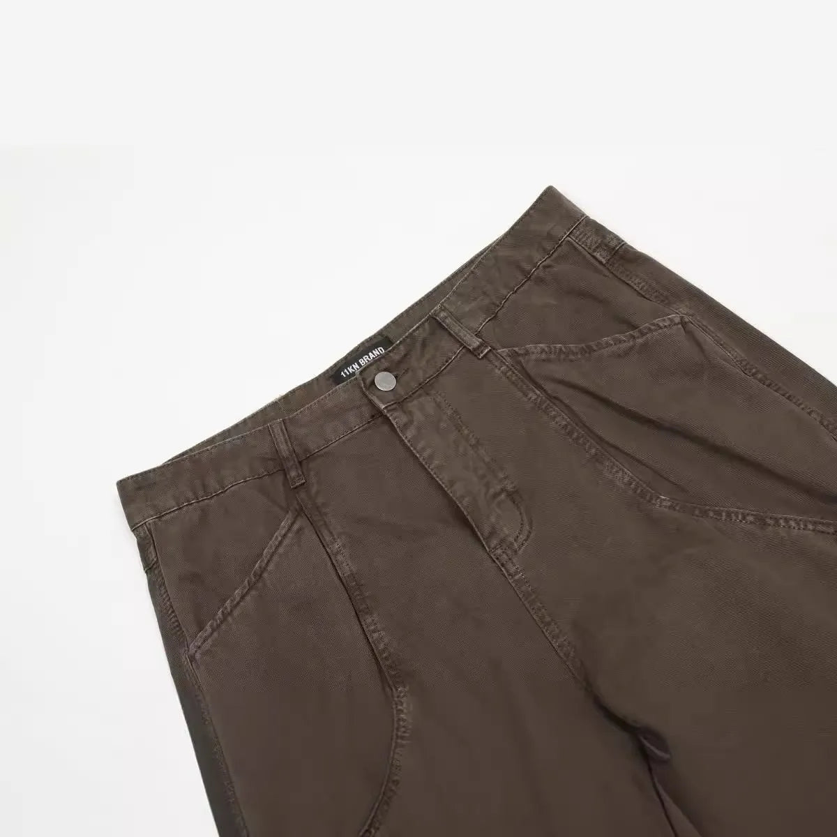 Men's loose straight leg high waist cotton trousers in brown and light khaki with zipper fly