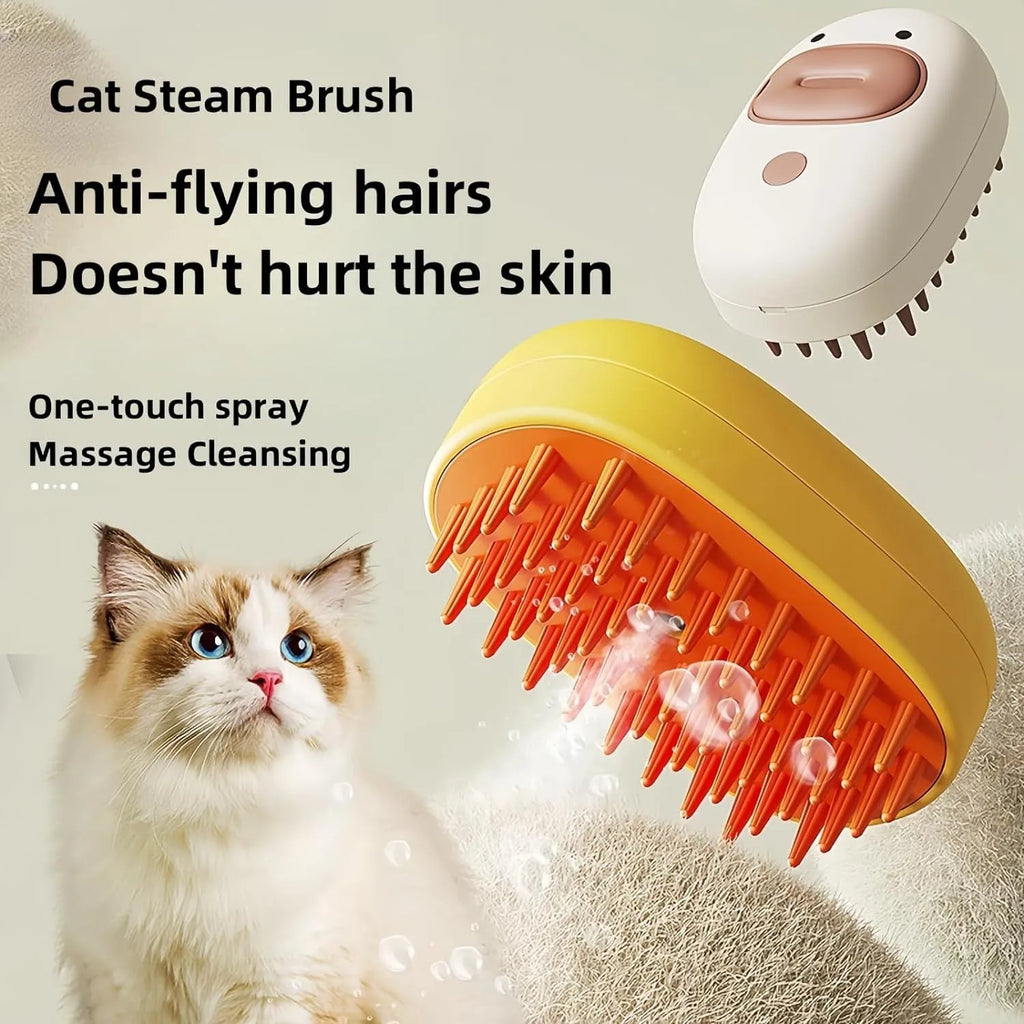White rechargeable steam pet brush with water tank and silicone comb teeth for dogs and cats