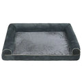 Square blue cloth dog bed with sponge foam cushion for medium-sized dogs on a wooden floor.