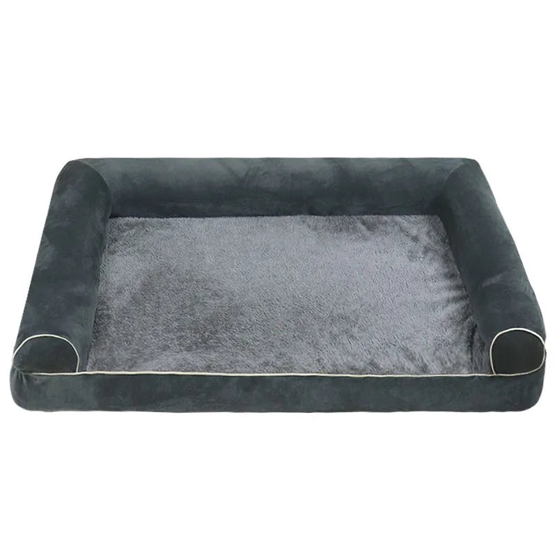 Square blue cloth dog bed with sponge foam cushion for medium-sized dogs on a wooden floor.