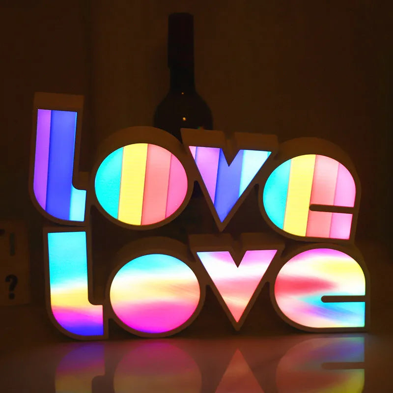 LED LOVE light with rainbow style lampshade measuring 35.5x13.5cm for decorative room and event lighting