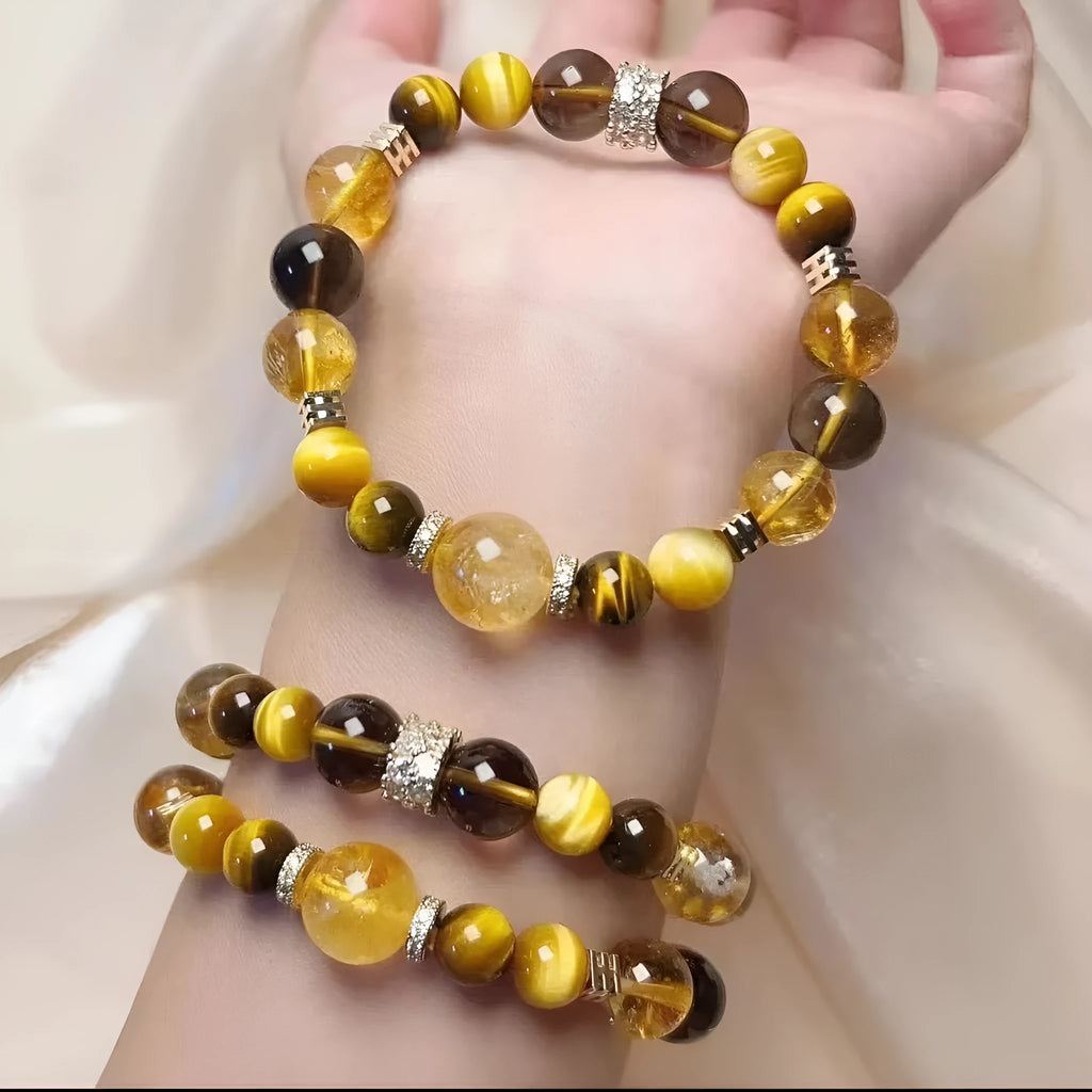 Yellow tower crystal bracelet with 10mm artificial crystal beads on string for unisex wear