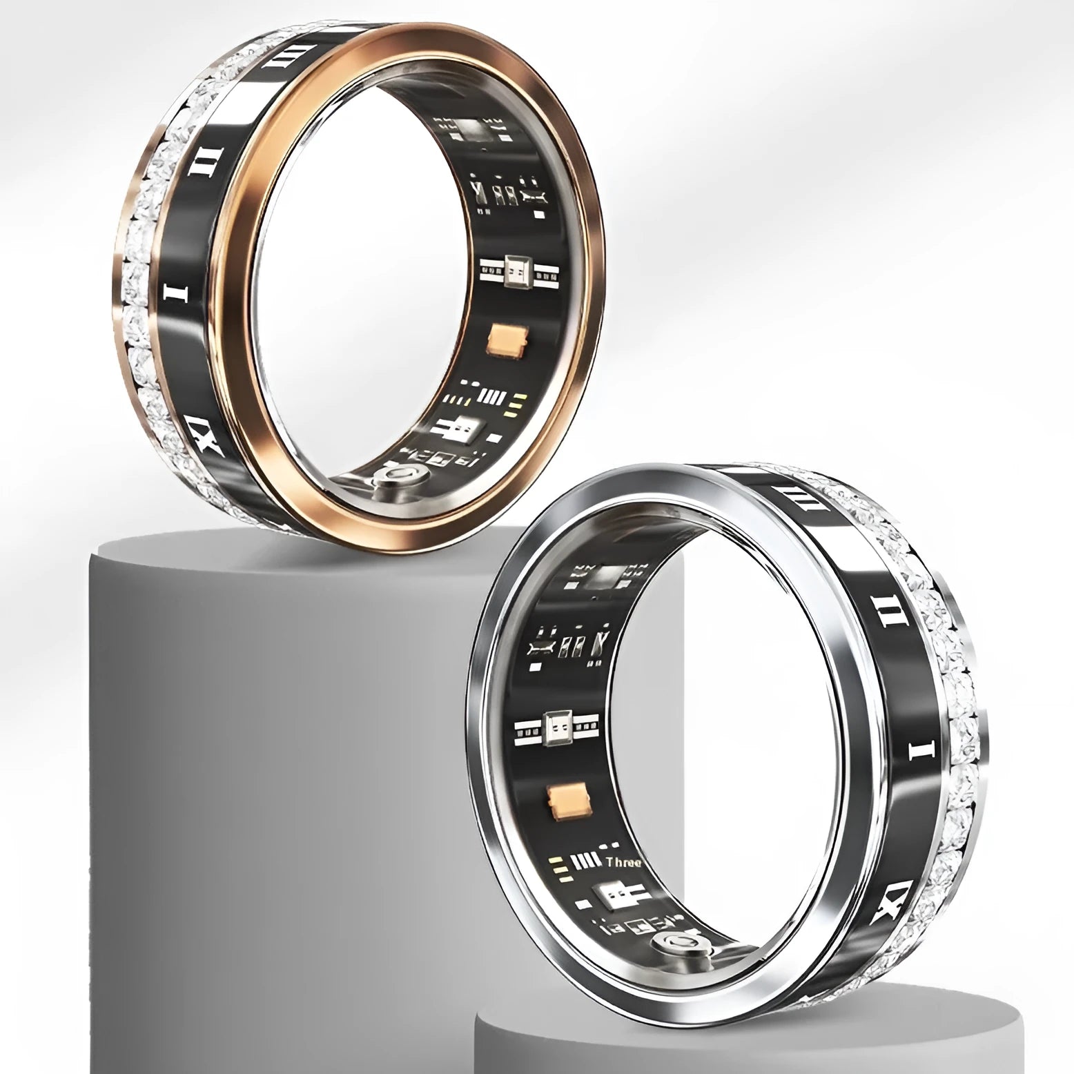 Diamond smart ring with health monitoring on finger in gold and silver colour options